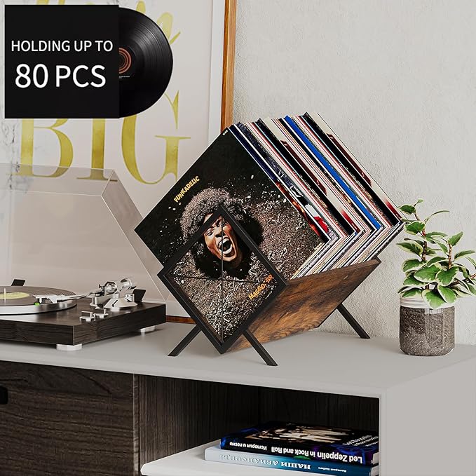 YINMIT Vinyl Record Holder, 80-100 LP Vinyl Record Storage Rack, Quick Assembly Vinyl Record Display, Retro Style Organizer for Magazine, Book, Files, Albums (Rustic Brown, 1 Tier)