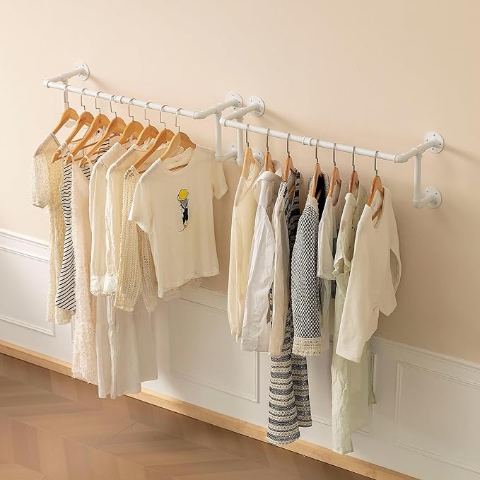 Homeyeeng Clothes Racks, Industrial Pipe Clothing Racks for Hanging Clothes, Wall Mounted Heavy Duty Space Saving Garment Racks, Multi-Purpose Clothing Hanging Rods for Closet Storage, White, 2Pcs