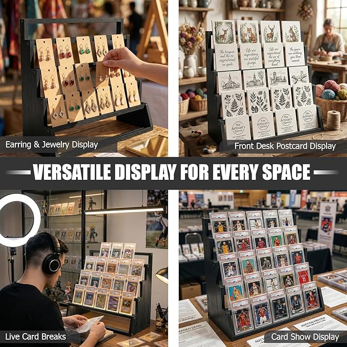 5 Tier Wooden Card Display Stand – Vertical Card Holder Display for Trading Cards, Game Cards, Sports Cards, Graded PSA/BGS/SGC, Baseball, Basketball&Football(Soccer) Card Stand, Desk & Shelf Organize,Black