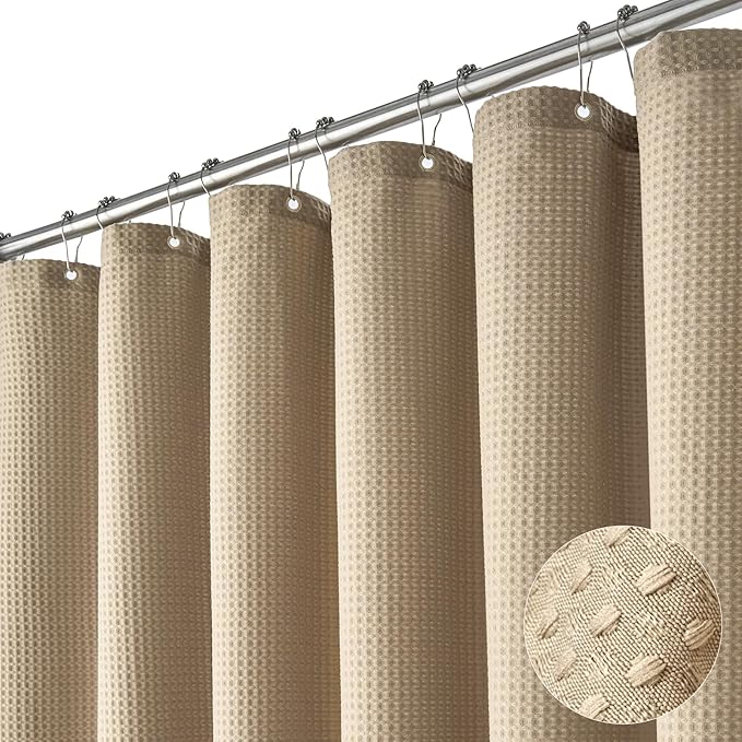 Dynamene Stall Fabric Shower Curtain - 54x78 inch Long Waffle Weave Weighted Thick Cloth Shower Curtains for Bathroom,Neutral Heavy Duty Hotel Spa Luxury Bath Curtain Set with 10 Hooks, Beige/Khaki