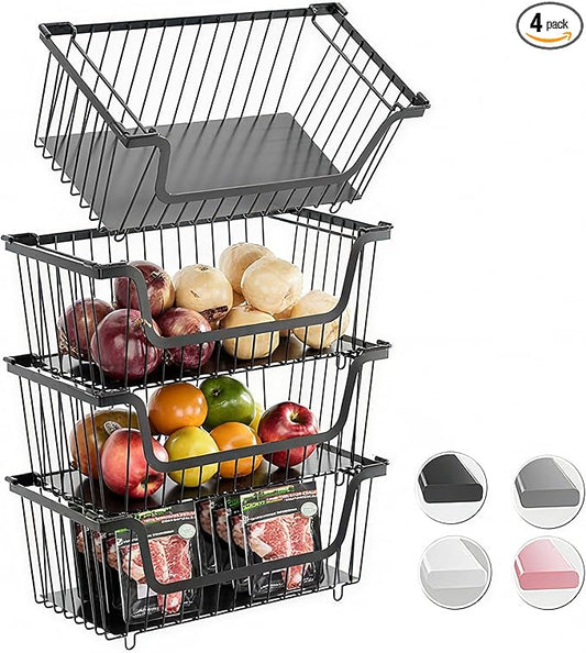GAOKASE 4 Pcs Stackable Wire Baskets for Pantry Organizers and Storage,Vegetable Fruit Basket for Countertop,Kitchen Storage Metal Baskets,Produce Potato Onion Storage Bin,Black