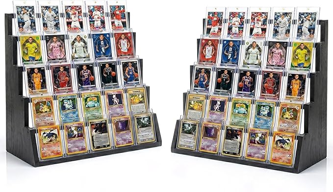 2 Pack 5 Tier Wooden Card Display Stand – Vertical Card Holder Display for Trading Cards, Game Cards, Sports Cards, Graded PSA/BGS/SGC, Baseball, Basketball&Football(Soccer) Card Stand, Desk & Shelf Organize,Black