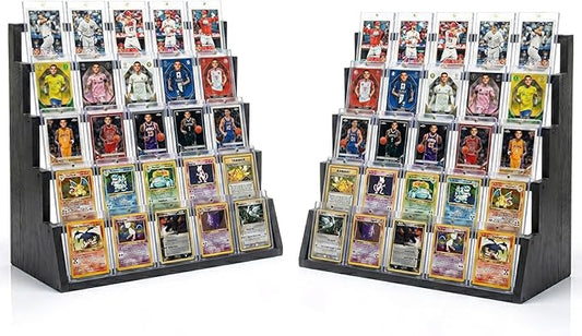 2 Pack 5 Tier Wooden Card Display Stand – Vertical Card Holder Display for Trading Cards, Game Cards, Sports Cards, Graded PSA/BGS/SGC, Baseball, Basketball&Football(Soccer) Card Stand, Desk & Shelf Organize,Black