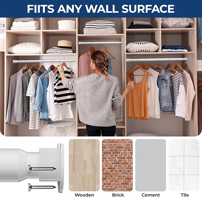 Mavivegue Closet Rod, 17 to 84 Inch Adjustable Closet Rods for Hanging Clothes, White, Hanging Rod for Closet Wardrobes Laundry RV, Bathroom