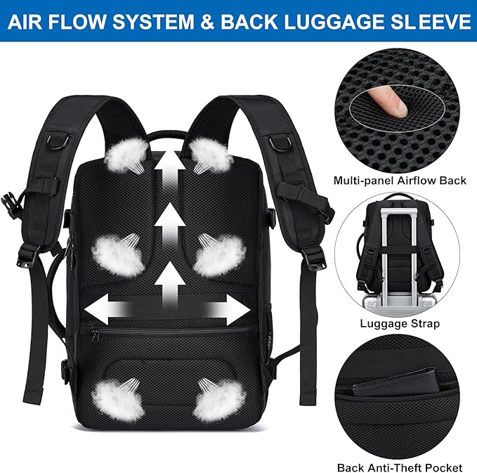 Travel Backpack for Men,Airplane Approved Carry On Backpack Suitcase with Shoe Pouch, Luggage Bag TSA 15.6inch Laptop Mochila Flight Approved Personal Item Travel Bag Bookbag Travel Essentials,Black