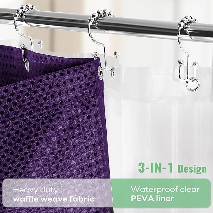 Dynamene Extra Long Shower Curtain and Liner Set - 84 inch Tall Waffle Fabric, Waterproof Clear Liner, Heavy Duty Weighted Hotel Luxury Cloth Shower Curtains for Bathroom with 12 Hooks, 72x84, Purple