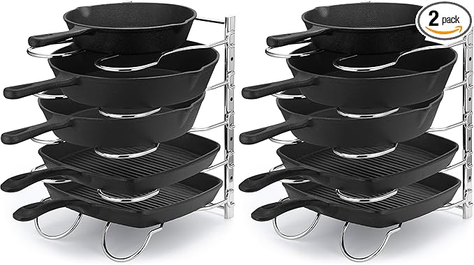 CAXXA Heavy Duty Pan Rack, Pot Lid Rack, Kitchen Cabinet Pantry Cookware Organizer Rack Holder with 5 Adjustable Dividers, Chrome (Pack of 2)