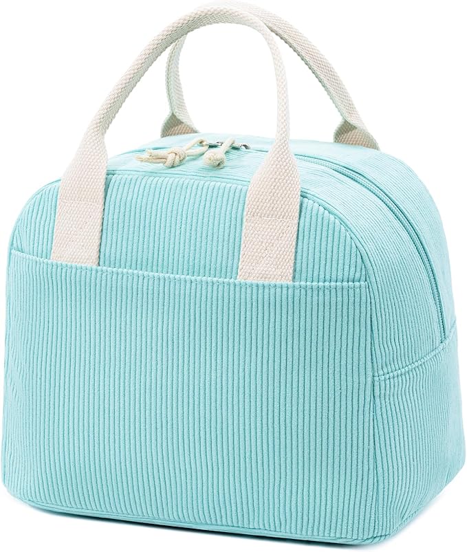 LOVELYWIND Insulated Lunch Bag for Women Men, Stylish Corduroy Tote Bag with Aluminum Lining, Large Capacity Reusable Cooler for Work, Travel, or Beach, Mint Green Lunch Box