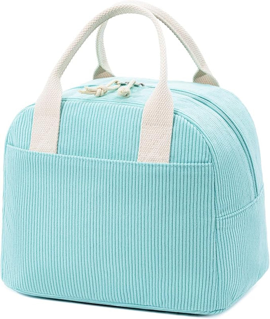 LOVELYWIND Insulated Lunch Bag for Women Men, Stylish Corduroy Tote Bag with Aluminum Lining, Large Capacity Reusable Cooler for Work, Travel, or Beach, Mint Green Lunch Box