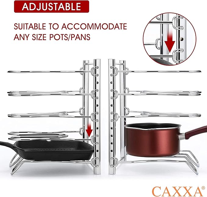 CAXXA Heavy Duty Pan Rack, Pot Lid Rack, Kitchen Cabinet Pantry Cookware Organizer Rack Holder with 5 Adjustable Dividers, Chrome (Pack of 2)