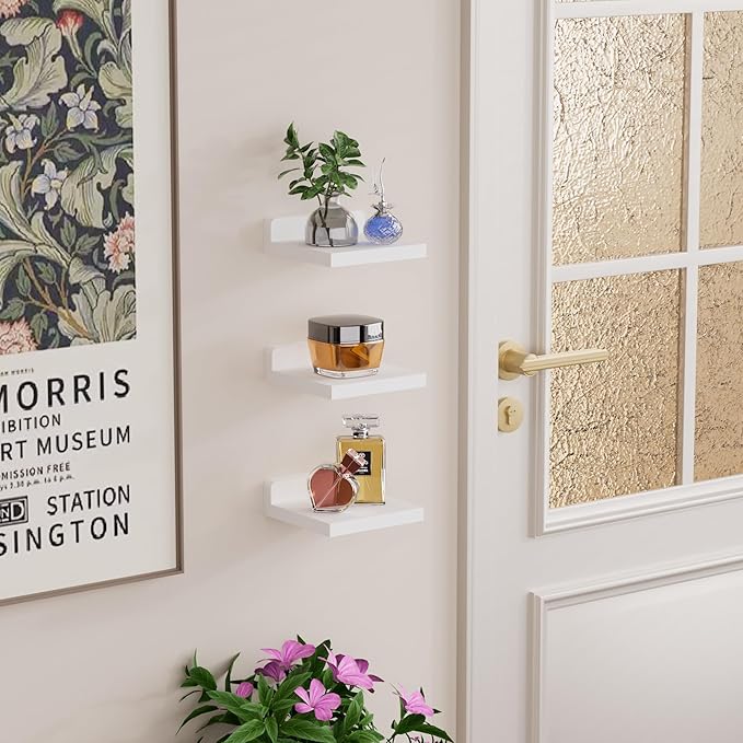 QsQueen Small Floating Shelves Mini Shelves Hanging Display 5 Inch Wall Shelf for Bathroom Livingroom Bedroom,3 Pack, with 2 Types of Installation, Great for Room Decor