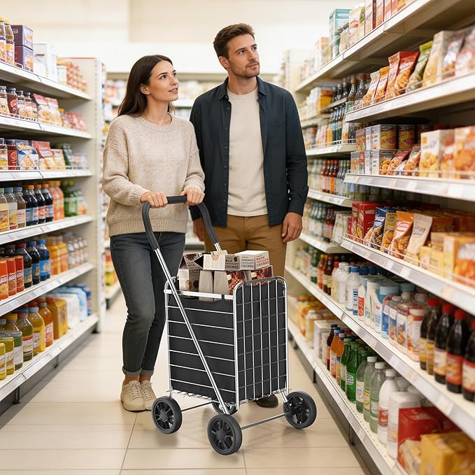 Whitmor Foldable Utility Shopping Cart with Wheels, 60Lb Capacity, Heavy Duty Grocery Cart with Steel Frame, Foam Handle, Rolling Utility Cart for Grocery, Laundry, Travel, Sliver/w Liner