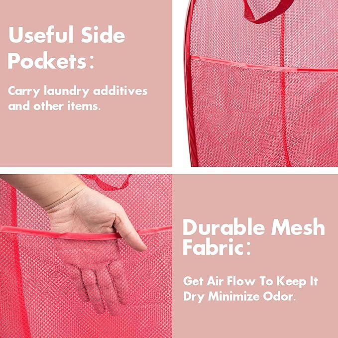 DUCOO Pop Up Laundry Hamper, 70L Collapsible Mesh Laundry Basket with Side Pocket, Foldable Dirty Clothes Hamper with Sturdy Reinforced Handles for Home Dorm Bedroom Travel Storage, Red, 2Pack