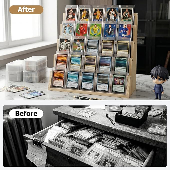 5 Tier Wooden Card Display Stand – Vertical Card Holder Display for Trading Cards, Game Cards, Sports Cards, Graded PSA/BGS/SGC, Baseball, Basketball&Football(Soccer) Card Stand, Desk & Shelf Organize,Natural