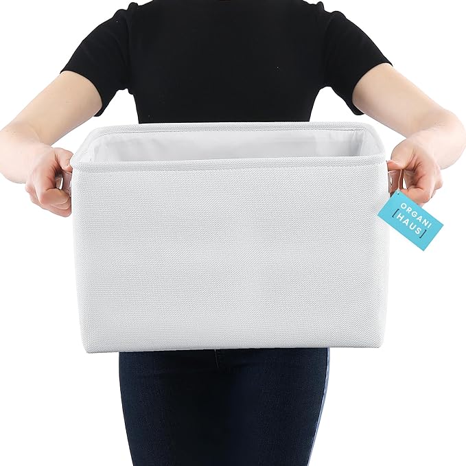 OrganiHaus Large Fabric Storage Baskets for Shelves 3 Pack, 15x11in Closet Storage Bins, Canvas Storage Bin for Organizing, Cloth Baskets, Linen Closet Organizers, Off-White