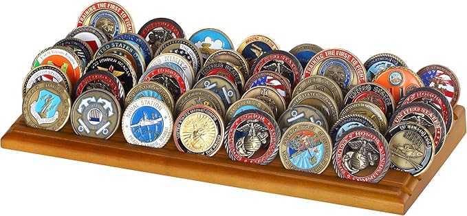 DisplayGifts Challenge Coin Display Stand, 6 Row Wooden Holder Rack Case Holds 42 Coins (Light Walnut Finish - 6 Rows)