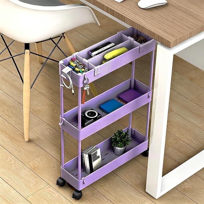 SPACELEAD Slim Storage Cart 3 Tier,Bathroom Organizer Rolling Utility,Mobile Shelving Unit Slide Out for Office, Kitchen, Laundry Room & Narrow Places,Purple