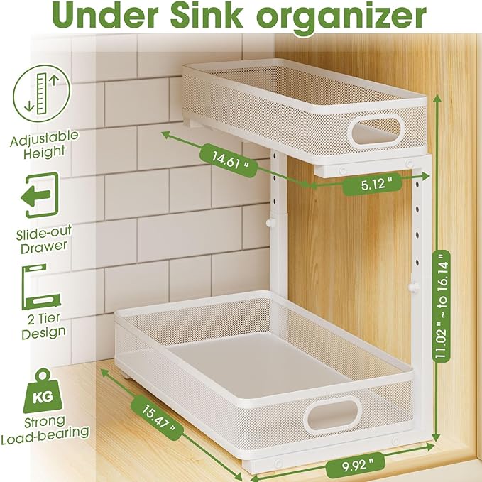 Under Sink Organizer 4-Pack, Metal 2-Tier Pull-Out Cabinet Shelf with Slide-Out Mesh Drawers, Height Adjustable, Space-Saving Under Sink Storage Racks for Kitchen, Bathroom, Laundry Room, White
