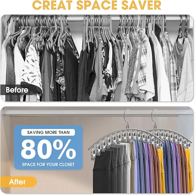 3 Pack Skirt Pants Hangers with Clips, Legging Organizer for Closet Hanging with 10 Cilps Holds 30 Leggings/Shorts/Jeans/Skirts Pants Hangers Space Saving Closet Organizers and Storage, Grey
