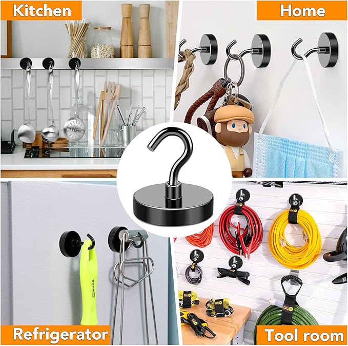 MIKEDE Magnetic Hooks Heavy Duty, 170LB+ Strong Black Magnets Hooks for Refrigerator, Rare Earth Neodymium Hooks with Epoxy Coating, Cruise Magnets with Hook for Hanging, Garage - 6 Pack