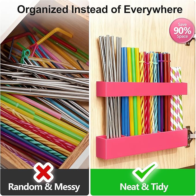 9.5” Large Acrylic Straw Holder for Cabinet Door, Reusable Adjustable Two-Part Straws Organizer with Ultra Sticky Adhesive Strips, 2026 Straw Storage for Kitchen Cupboard
