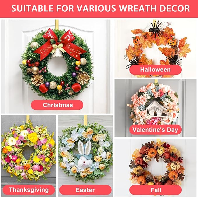 12” Wreath Hanger Over the Door Hooks, Non Scratch Wreath Door Hanger Hooks for Hanging Welcome Sign, Metal Wreath Hangers for Front Door Decor, Thin Door Hanger for Easter Christmas Home Decoration