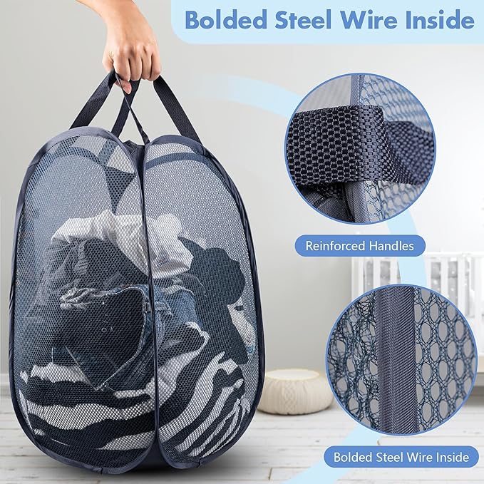 DUCOO Pop Up Laundry Hamper, 70L Collapsible Mesh Laundry Basket with Side Pocket, Foldable Dirty Clothes Hamper with Sturdy Reinforced Handles for Home Dorm Bedroom Travel Bathroom Storage, Blue