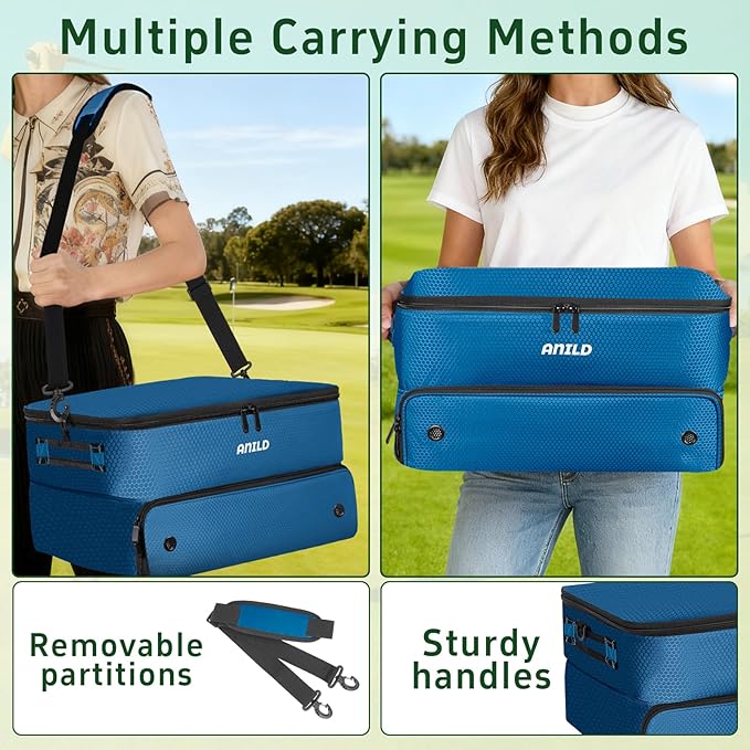 ANILD Golf Trunk Organizer, 2 Layer Golf Storage Case with Separate Ventilated Compartment for 2 Pair Shoes, for Balls, Tees, Clothes, Gloves, Accessories, Golfer Gifts