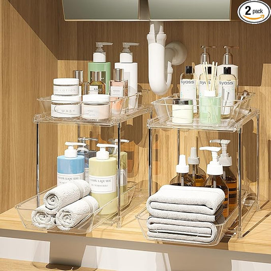 2 Sets of Under Bathroom Sink Organizer, 2-Tier Multi-Purpose Clear Medicine Cabinet Organizer, Pull Out Home Organization Must Haves 2026 with Movable Dividers