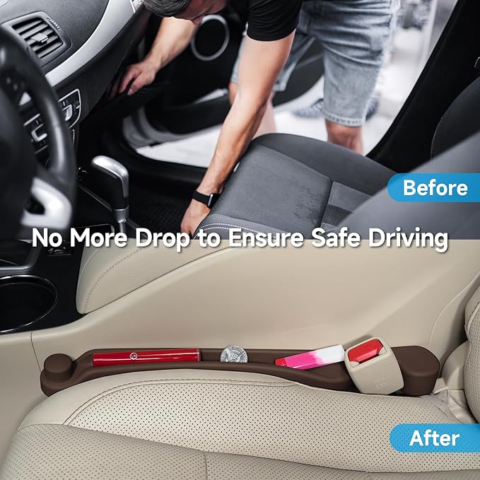 Car Seat Gap Filler Set of 2, 3IN1 Seat Side Gap Filler Plug with Storage Slot & Hook Function, Soft Foam Universal Fit Car SUV Truck Fill Gap Between Seats Console Organizer（Narrow Dark brown）