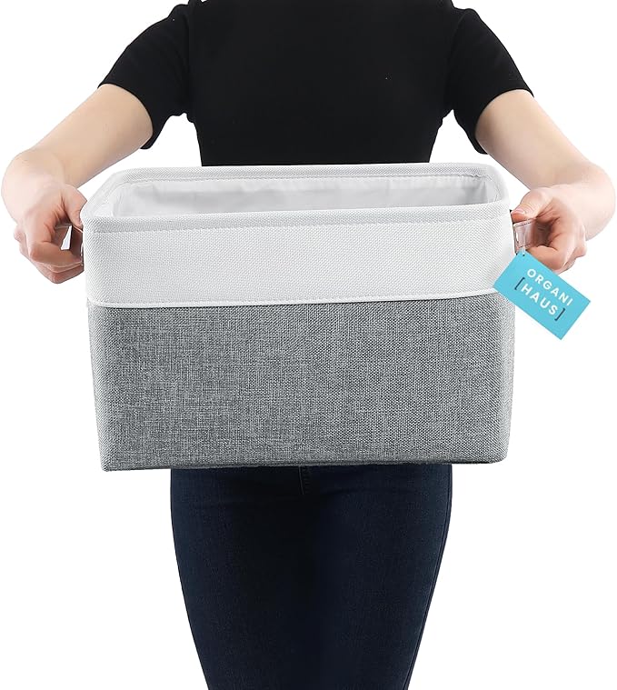 OrganiHaus Large Fabric Storage Baskets for Shelves 3 Pack, 15x11in Closet Storage Bins, Canvas Storage Bin for Organizing, Cloth Baskets, Linen Closet Organizers, Gray/Off-White
