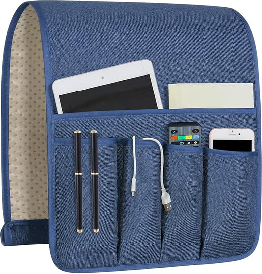 NB Remote Control Holder，Bedside & Armchair & Couch Caddy with Non-Slip Base，5 Pockets Oxford Fabric Bed Desk Storage Pocket for Phone Tablet Kindle Magazines，Gifts for Seniors (Blue， 35"X12.4")