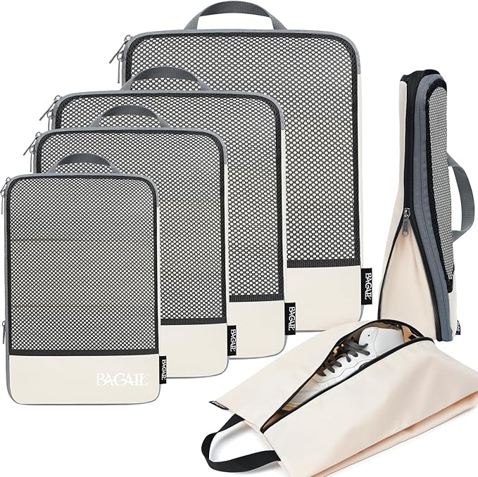 BAGAIL 4 Set/6 Set/8 Set Compression Packing Cubes Travel Accessories Expandable Packing Organizers (Half Mesh, 6-Beige)