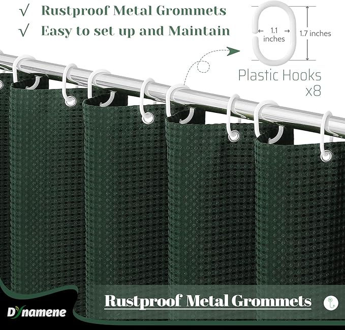 Dynamene Stall Fabric Shower Curtain - 48 inch Wide Waffle Weave Weighted Thick Cloth Shower Curtains for Bathroom, Neutral Heavy Duty Hotel Spa Luxury Bath Curtain Set with 8 Hook, 48x72, Dark Green