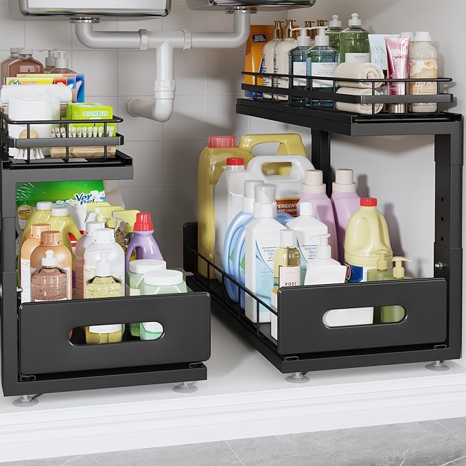 Under Sink Organizer Upgrade To Professional Rails,2-Tier Dual Pull Out Cabinet Storage,Height Adjustable Slide Out Drawers For Bathroom Kitchen,2 Pack-18.5"Dx12.8"-16.9"H,Black
