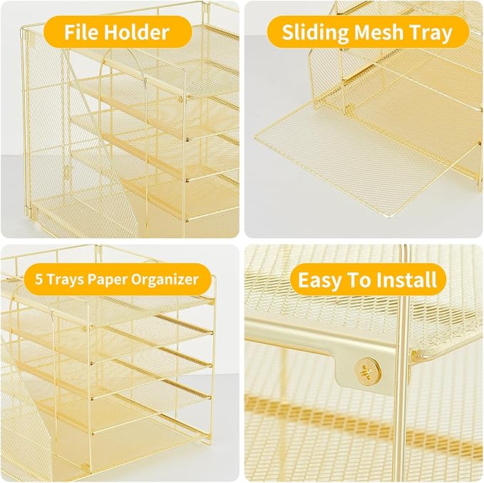 Desk Organizers and Accessories, 5-Tier Paper Letter Tray Organizer with File Holder, Desktop Organizer for Office Supplies (Gold)