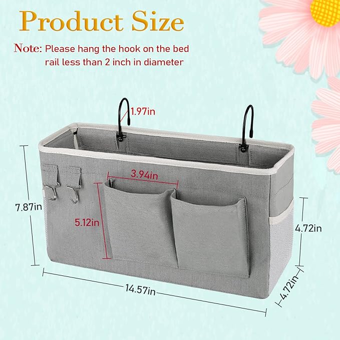 Bedside Storage Caddy/Bedside Hanging Storage Bag for Headboards Bunk Beds Dorm Rooms Book Phone Magazine Holder (2PC Grey)