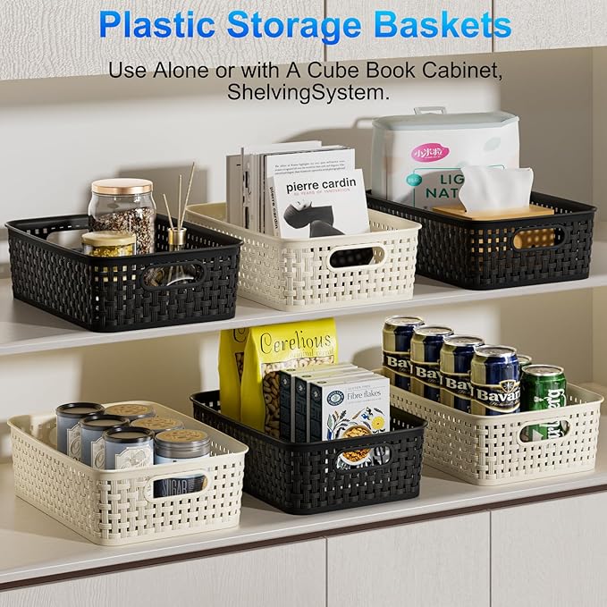 FUCDTEFC Black Plastic Basket, 8 Pack Home Organization and Storage Baskets with Handles, Space Saving Woven Organizer Bins Plastic Storage Basket for Organizing Cabinets,Closets, Shelves, Countertops