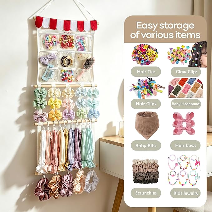 kangaroo Headband Holder Hair Bows Organizer for Baby Girls Large Capacity Bow Holder Hair Accessories Wall Hanging Organizer for Toddler Baby Girl Nursery Room Decor（Multi-pocket style）