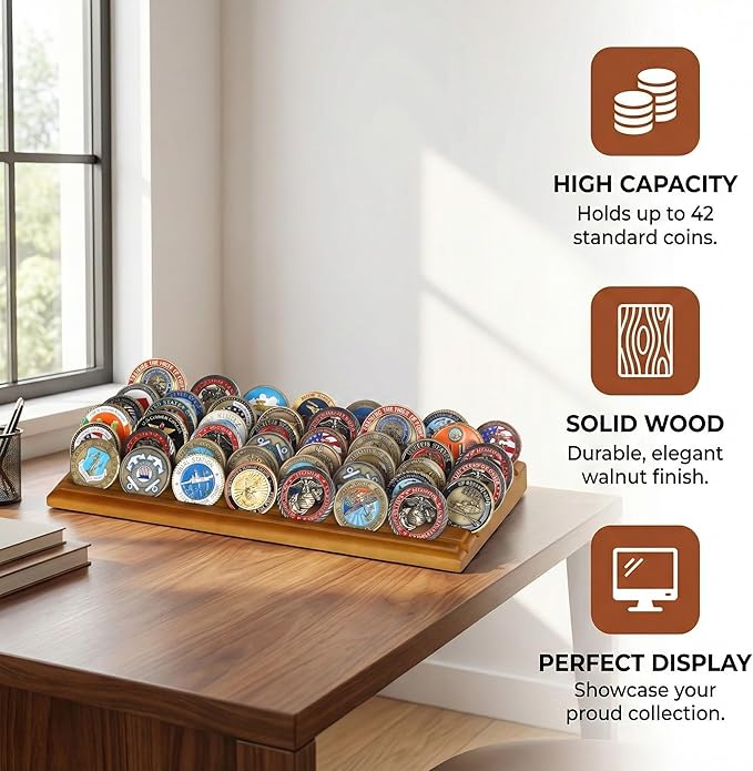 DisplayGifts Challenge Coin Display Stand, 6 Row Wooden Holder Rack Case Holds 42 Coins (Light Walnut Finish - 6 Rows)
