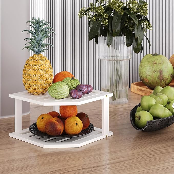 Bamboo Corner Shelf,2 Tier Plate Organizer for Cabinet and Countertop,Pantry Dish and Spice Rack for Kitchen（White）