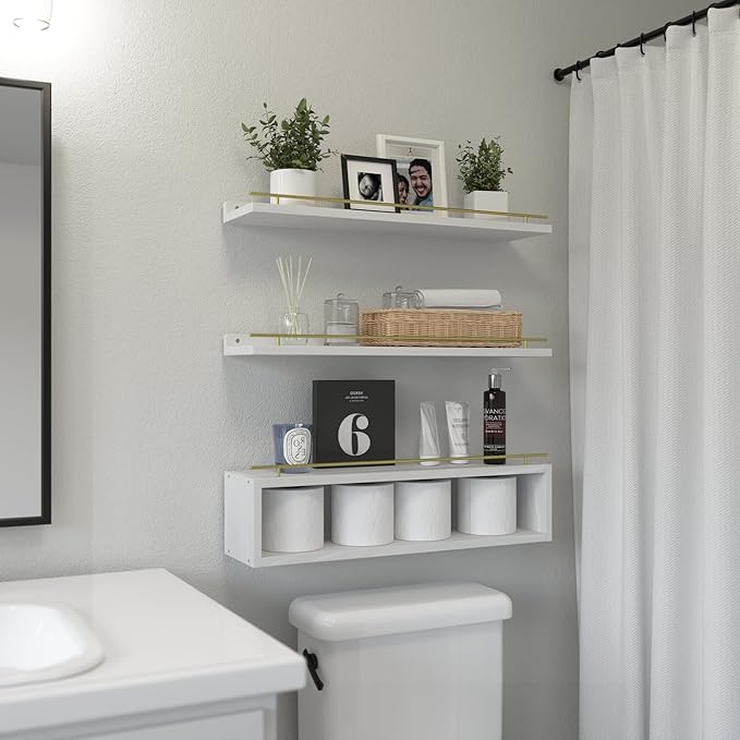 WOPITUES Floating Shelves for Wall 24 inch with Cube Shelf, Wall Shelves with Metal Rail for Decor, Bathroom Organizers and Storage, Over Toilet Shelves for Bathroom, Toilet Paper-White&Gold