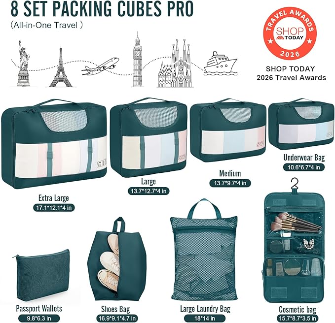 Veken 8 Set Packing Cubes for Travel Essentials, Suitcase Organizer Bags in 4 Sizes, Carry-On Luggage Accessories with Large Laundry & Shoes Bag, Must-Have for Airplane, Road Trip & Camping