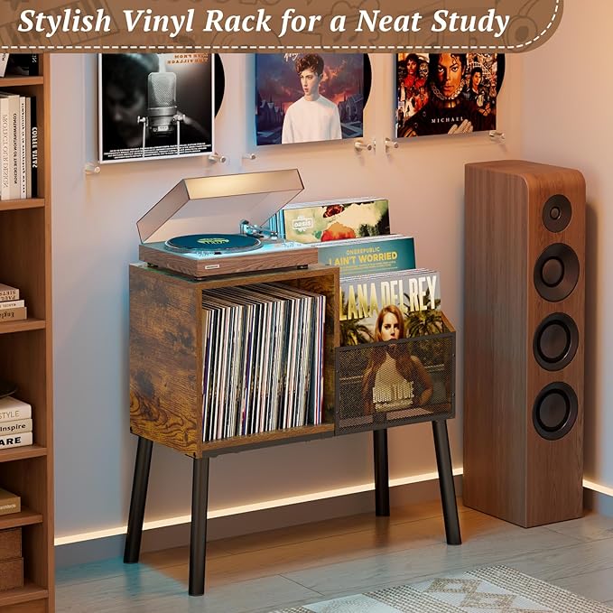Record Player Stand with Storage, 3-Tier Step Vinyl Record Storage Holder up to 200 Albums, Small Vintage Record Player Table, Turntable Stand Recordsfor Living Room, Bedroom
