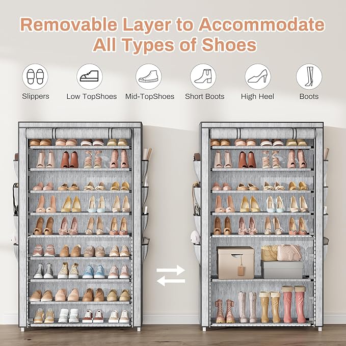 Shoe Rack with Cover, 10 Tier Shoe Organizer Storage for 40-50 Pairs Sneaker and Boots, Large Capacity, with 8 Pockets, Free Standing Tall Shoe Rack for Front Door Entrance, Closet, Printing