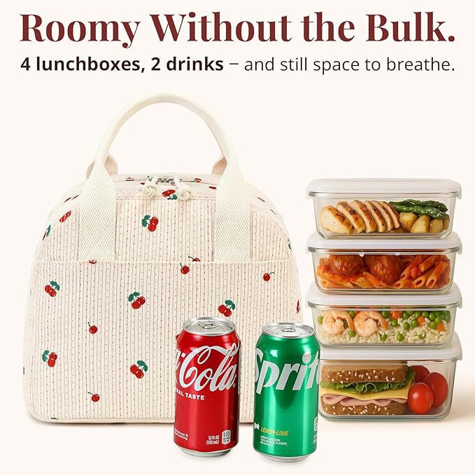 LOVELYWIND Insulated Cherry Lunch Bag for Women, Stylish Corduroy Tote with Aluminum Lining, Large Capacity Reusable Cooler for Work, Travel, Beach or Picnic, Beige Cream Water-Resistant Lunch Box
