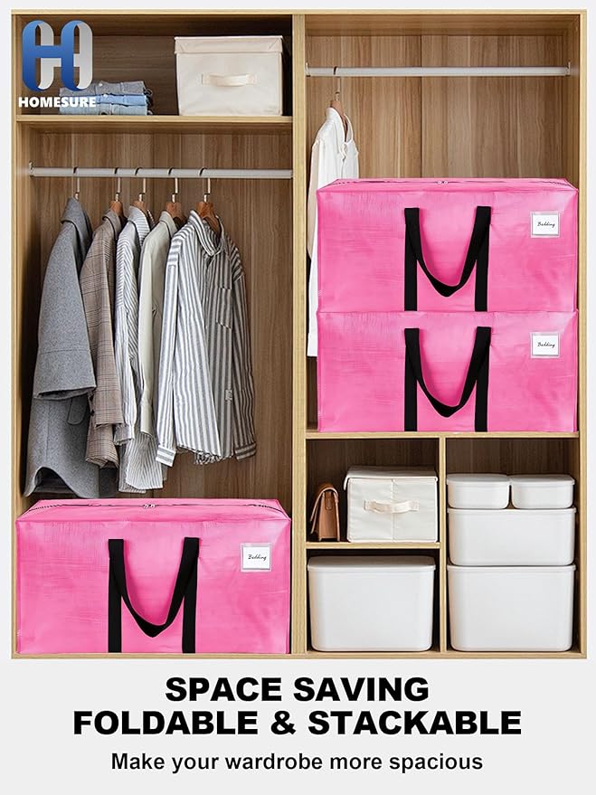 80 Pack Large Strong Moving Bags with Zippers & Carrying Handles - Water-Resistant - Heavy Duty Storage Tote for Space Saving, Fold Flat, Alternative to Moving Box (Pink)