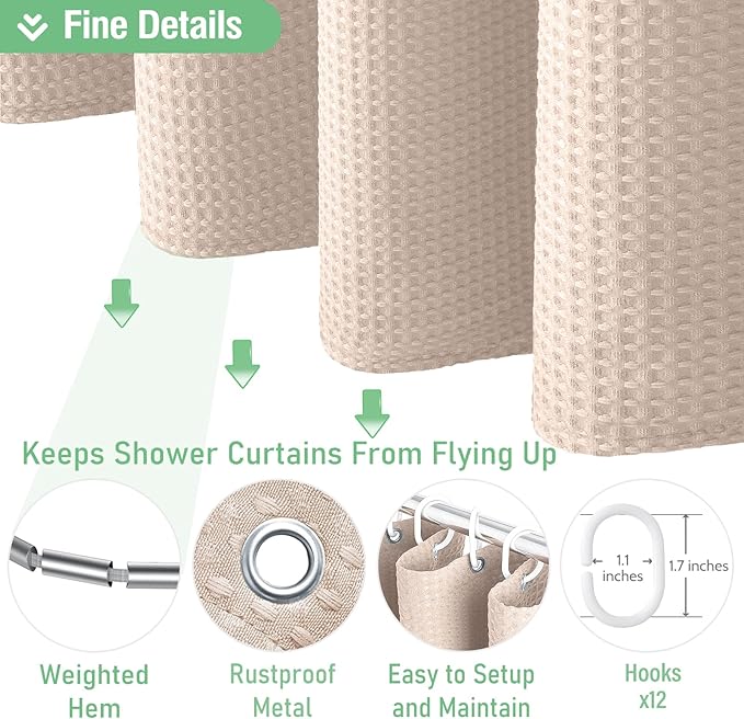Dynamene Extra Long Shower Curtain - 96 Inch Long Waffle Weave Weighted Thick Cloth Bathroom Shower Curtain, Neutral Heavy Duty Hotel Bath Curtain Set with 12 Plastic Hooks,72x96, Blush Pink