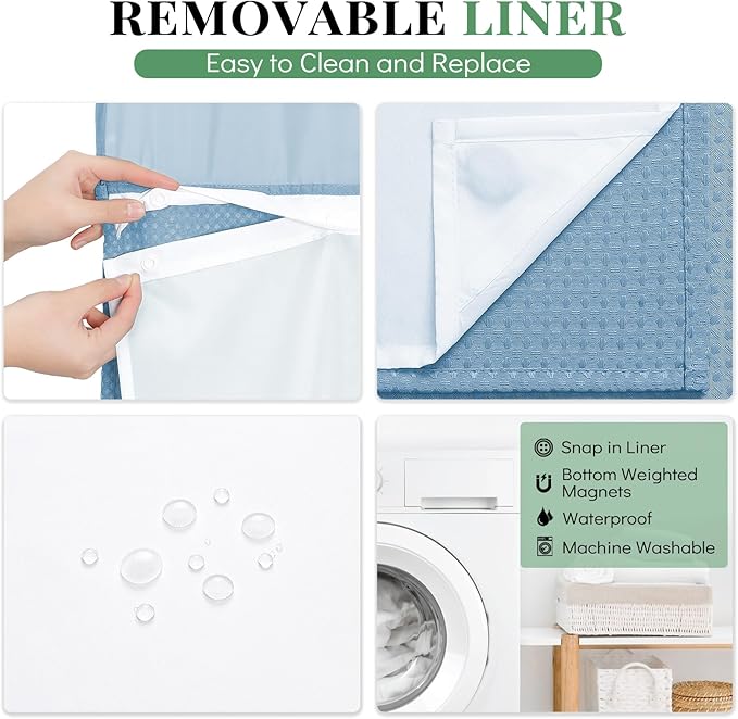 Dynamene 78 Inch Long Shower Curtain, Tall Waffle Fabric Shower Curtains for Bathroom, Hotel Waterproof Cloth Shower Curtain Liner Set with Hooks, Snap in Liner, Mesh Top Window, Moonlight Blue, 72x78