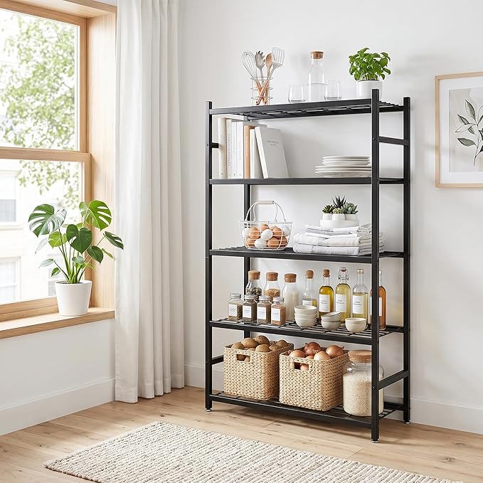 Wide Storage Shelves, 5-Tier Metal Shelving Unit with Adjustable Feet, Compact Shelf Organizer for Garage, Kitchen, Pantry and Closet Organization, 36.4" x 11.8" x 68.3", Black